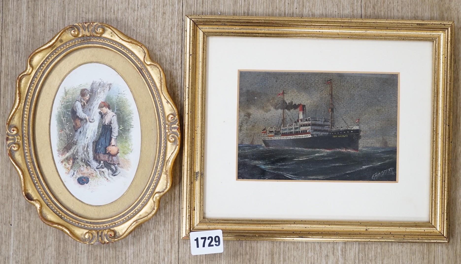C. Hagener, oil on card, Steamship 'St Nicholas', signed, 10 x 15.5cm and a colour print after Birket-Foster of figures beside a tree